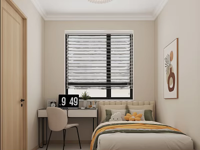 Tatami Bedroom Interior Design With Desk Chair Window Blinds Wall Art And Plant 3d model