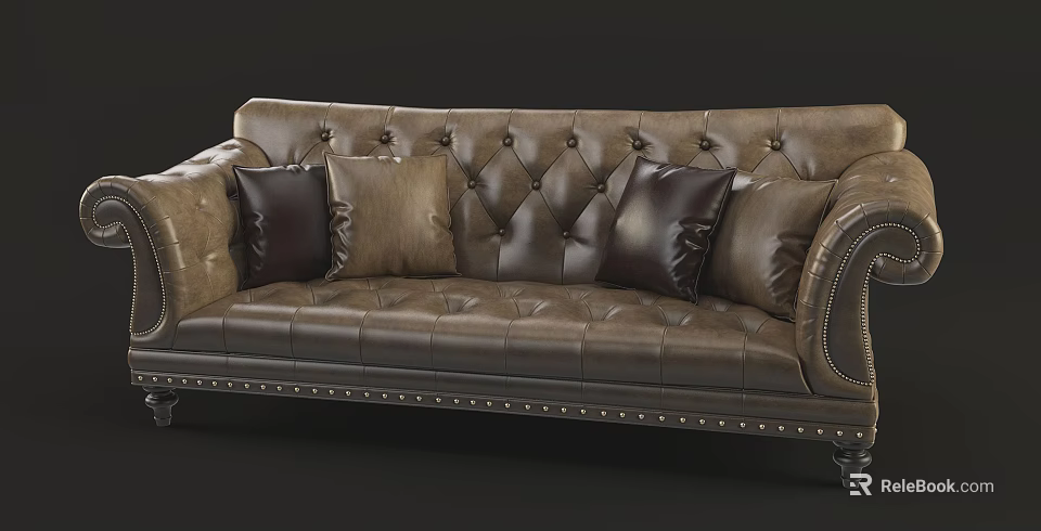 Classic Brown Leather Tufted Sectional Sofa with Decorative Studs and Pillows 3d model