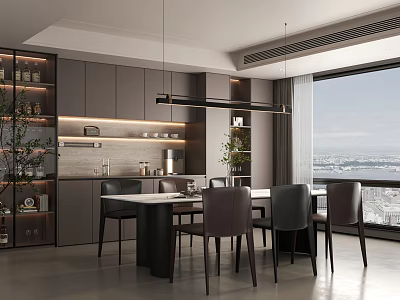 Modern Restaurant Interior Design With Dining Table Chairs Large Window And Open Kitchen 3d model