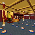 Buddhist Worship Hall Interior With Golden Buddha Statue Red Pillars And Blue Meditation Cushions