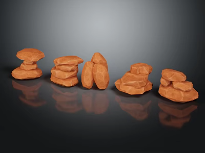 Orange Natural Stone Pieces In Various Stacked Shapes On Black Smooth Surface With Reflections 3d model