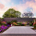 Serene Garden Landscape With Lush Trees Colorful Plants Stone Pathway Rock Wall And Gazebo