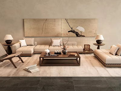 Minimalist Beige Sofa Coffee Table Set With Decorative Painting And Table Lamps 3d model