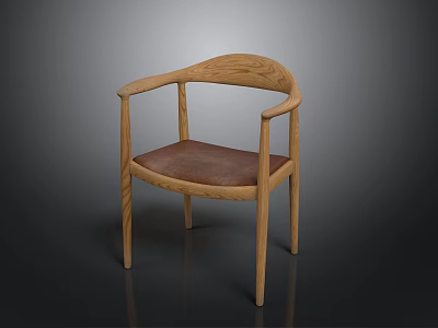 Minimalist Modern Armchair With Wooden Frame Curved Arms And Brown Leather Seat 3d model