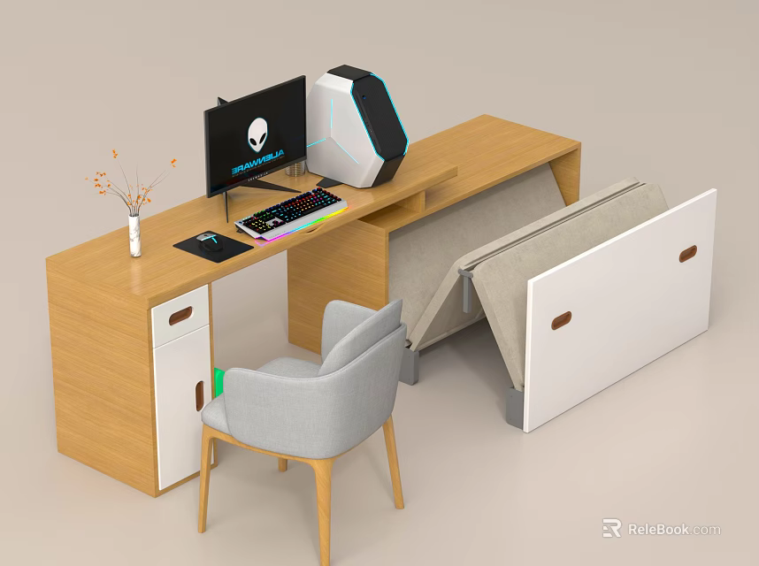 Modern Wooden Home Office Desk With Computer Keyboard Mouse Chair And Foldable Design 3d model 