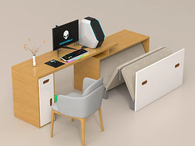 Modern Wooden Home Office Desk With Computer Keyboard Mouse Chair And Foldable Design 3d model