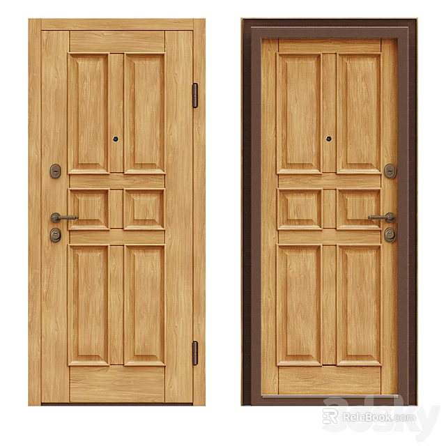 Natural Wooden Swing Doors With Classic Panel Design And Metal Handles 3d model 