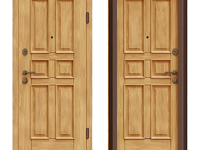 Natural Wooden Swing Doors With Classic Panel Design And Metal Handles 3d model