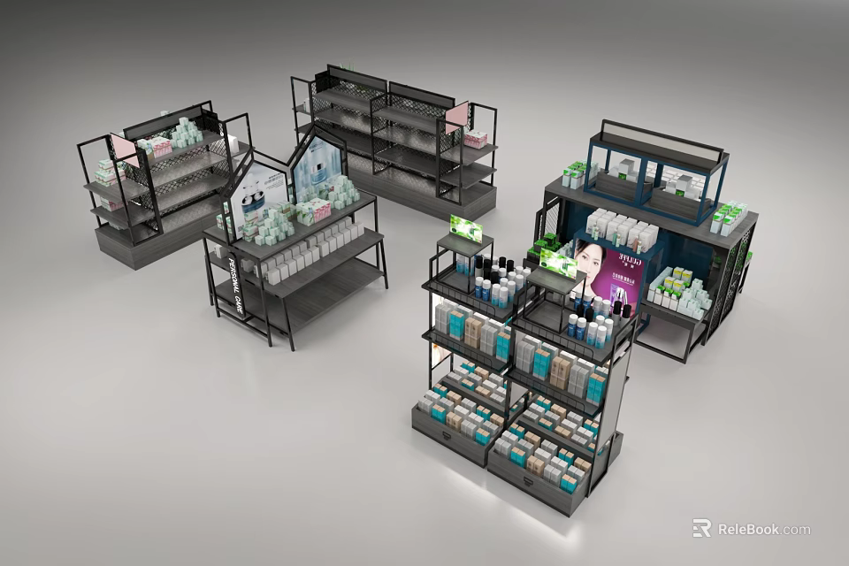 Modern Display Shelves With Multiple Tiers And Various Retail Product Displays 3d model 