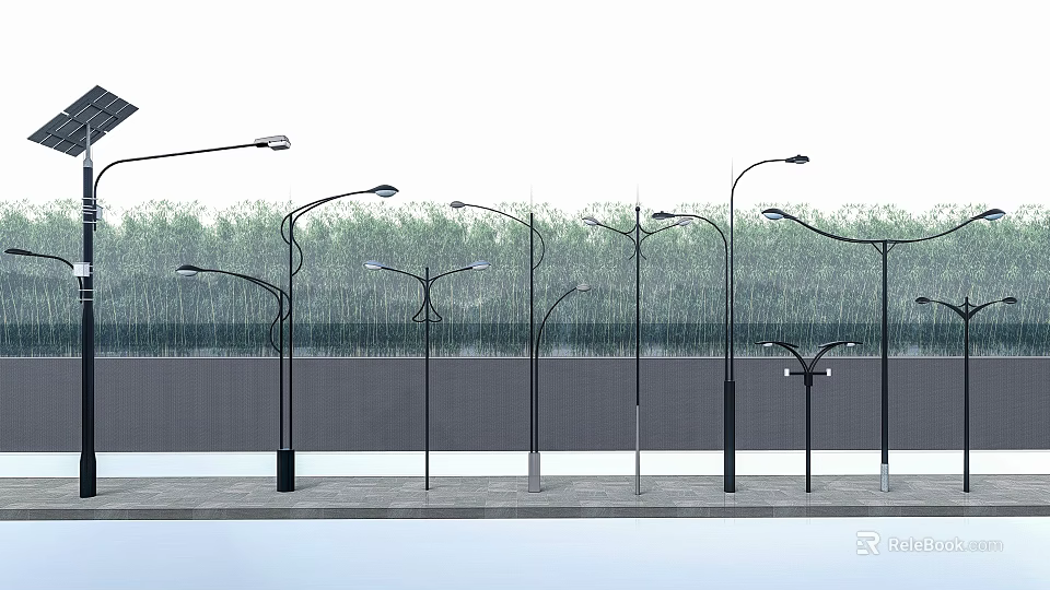 Various Outdoor Street Lights With Curved Arms And Green Trees Background 3d model 