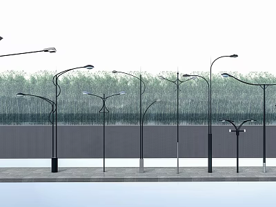 Various Outdoor Street Lights With Curved Arms And Green Trees Background 3d model