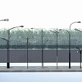 Various Outdoor Street Lights With Curved Arms And Green Trees Background