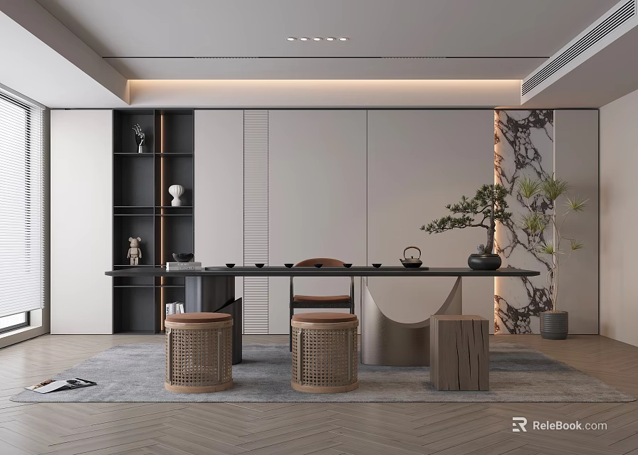 Modern Tea Room Interior With Long Table Woven Stools Black Shelf And Green Plant 3d model 