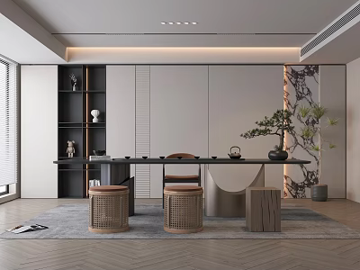 Modern Tea Room Interior With Long Table Woven Stools Black Shelf And Green Plant 3d model