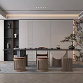 Modern Tea Room Interior With Long Table Woven Stools Black Shelf And Green Plant