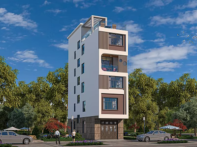 Modern Multi Story Detached Villa With White Brown Exterior Surrounded By Green Trees 3d model