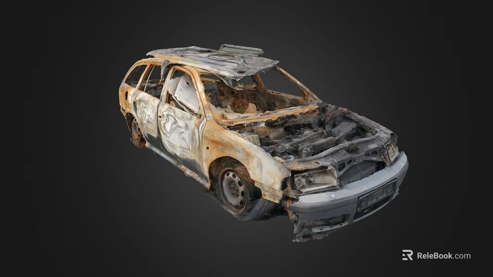 Burned Rusted Abandoned Old Car With Severely Damaged Body And Exposed Engine 3d model 