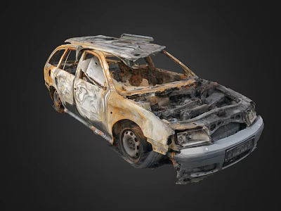 Burned Rusted Abandoned Old Car With Severely Damaged Body And Exposed Engine 3d model