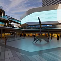 Modern Commercial Plaza With Sculpture Open Space Pedestrians And Tall Building