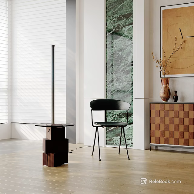 Modern Minimalist Interior With White Shutters Large Window Black Chair And Checkered Cabinet 3d model 