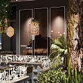 Modern Restaurant Interior Design With Textured Rock Wall Water Fountain And Green Plants