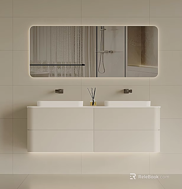 Modern Bathroom Vanity With Double Sinks Rectangular Mirror And White Cabinet 3d model