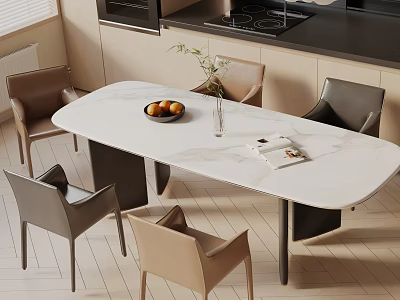 Oval White Marble Dining Table Set with Neutral Chairs Fruit Bowl Plant Vase Magazine 3d model
