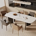Oval White Marble Dining Table Set with Neutral Chairs Fruit Bowl Plant Vase Magazine