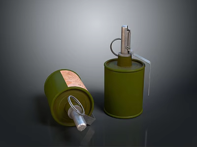 Two Green Cylindrical Military Grenades With Fuse Pull Ring And Side Label 3d model