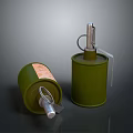 Two Green Cylindrical Military Grenades With Fuse Pull Ring And Side Label
