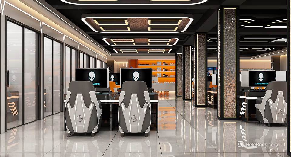 Modern Internet Cafe Interior With Gaming Chairs And Computers 3d model
