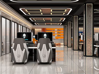 Modern Internet Cafe Interior With Gaming Chairs And Computers 3d model