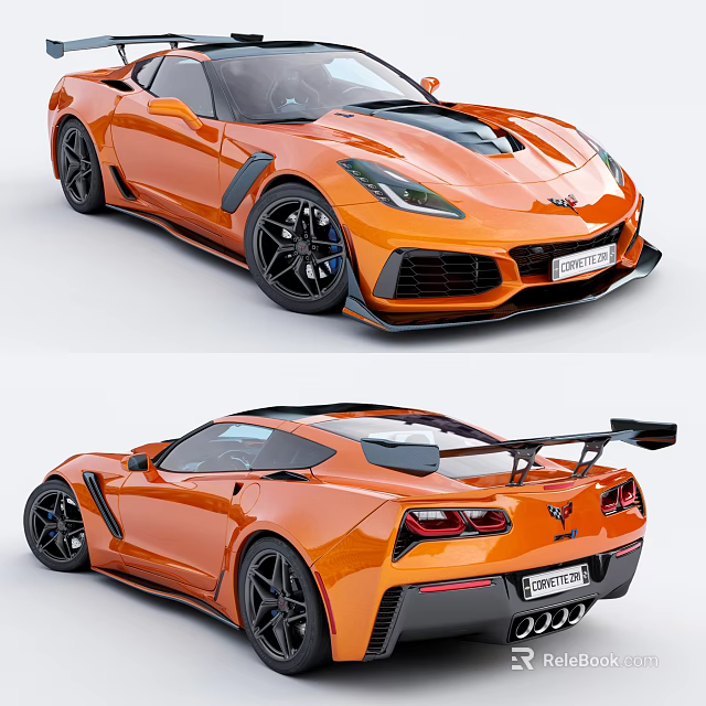 Orange Corvette Sports Car With Sleek Body Black Wheels And Rear Spoiler 3d model 