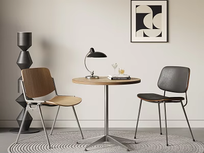 Modern Minimalist Round Table And Chairs Set Wooden Black Metal Base Floor Lamp Wall Art 3d model