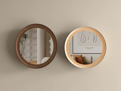 Two Round Wall Mounted Mirrors With Brown And Beige Frames Reflecting Room Interior Elements 3d model