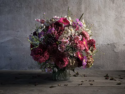 Colorful Flower Bouquet on Wooden Table Against Gray Wall with Scattered Petals and Glass Vase 3d model