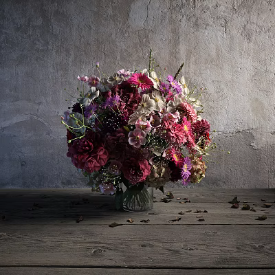 Colorful Flower Bouquet on Wooden Table Against Gray Wall with Scattered Petals and Glass Vase 3d model
