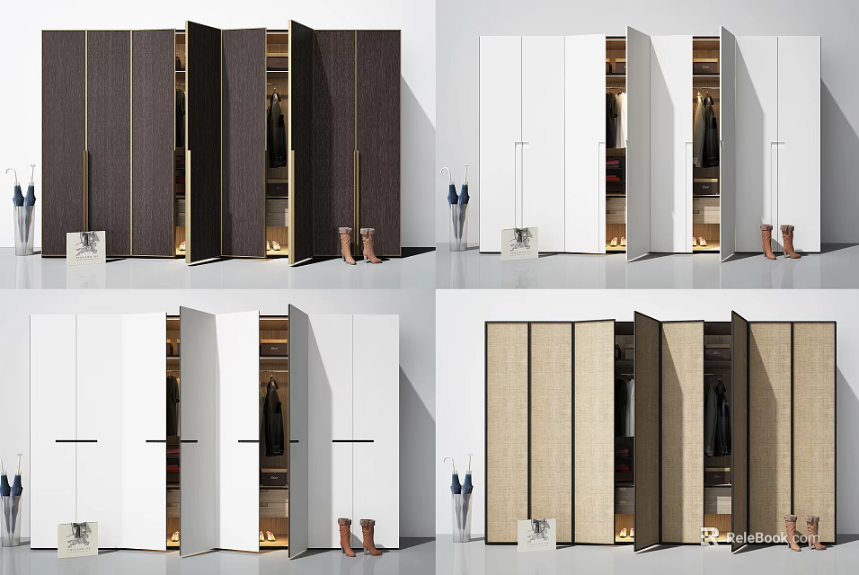 Modern Wardrobe Designs With Dark White And Beige Finishes Mirror Doors And Gold Trim 3d model 