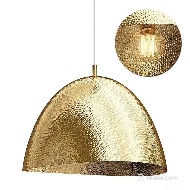 Stylish Gold Hammered Textured Ceiling Light Fixture With Bulb Detail 3d model 