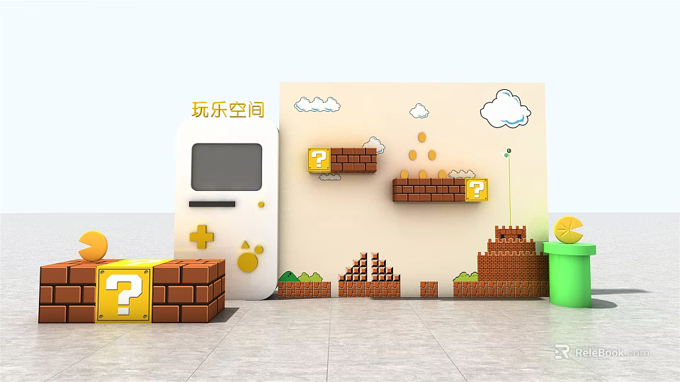 Game Themed Play Space With Brick Blocks Question Mark Boxes And Gold Coins 3d model 