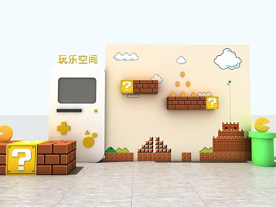 Game Themed Play Space With Brick Blocks Question Mark Boxes And Gold Coins 3d model