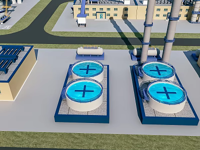 Industrial Equipment Featuring Circular Tanks With Blue Tops And Cross Symbols In Factory Setting 3d model