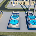 Industrial Equipment Featuring Circular Tanks With Blue Tops And Cross Symbols In Factory Setting