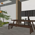 Modern Tea Room Interior With Wooden Long Table Stone Landscape Green Plants And Black Shelf