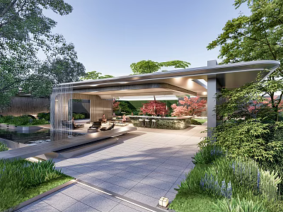 Modern Pergola Design With Lush Greenery Water Feature And Seating Area In Garden 3d model