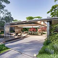 Modern Pergola Design With Lush Greenery Water Feature And Seating Area In Garden
