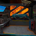 Fiery Orange Red Landscape View From Metallic Sci Fi Interior With Blue Screen And Equipment