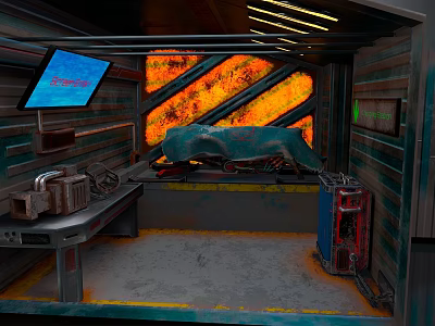 Fiery Orange Red Landscape View From Metallic Sci Fi Interior With Blue Screen And Equipment 3d model