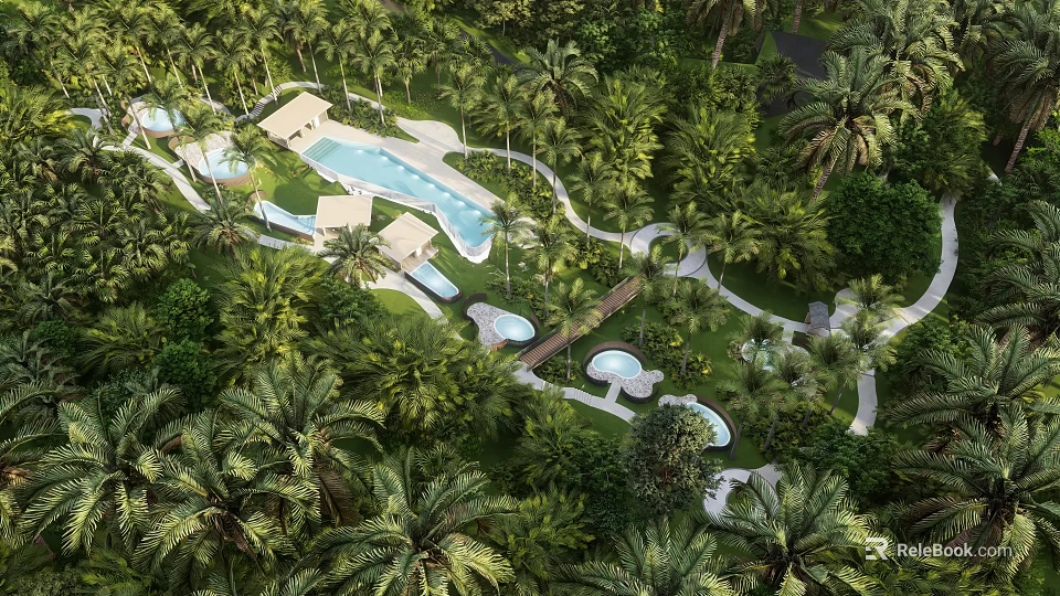 Tropical Resort Area With Multiple Swimming Pools Palm Trees And Pathways 3d model 