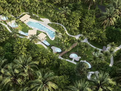 Tropical Resort Area With Multiple Swimming Pools Palm Trees And Pathways 3d model